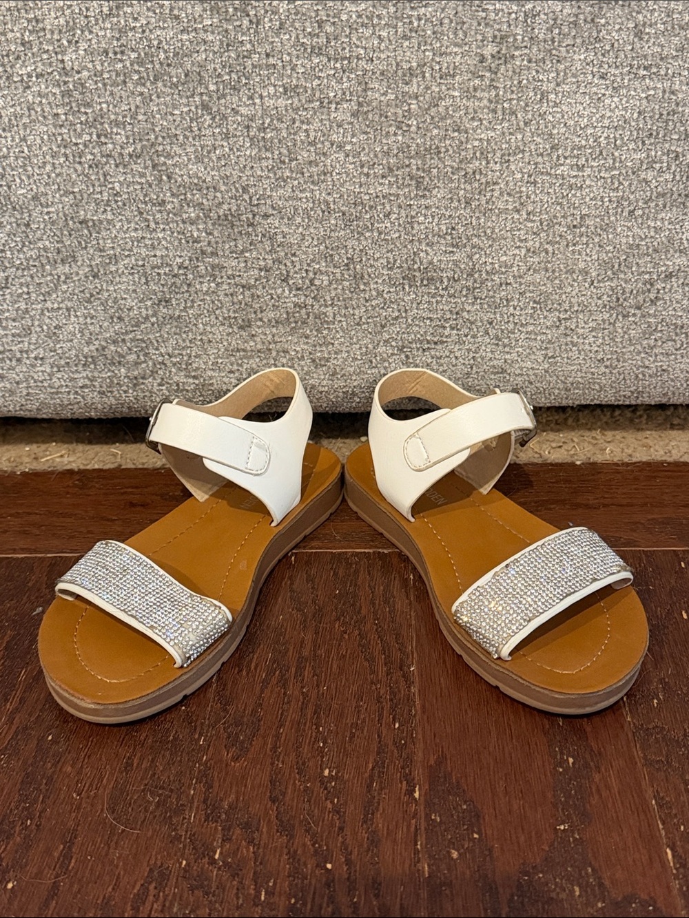 Girls White Ankle-Strap Sandals with Sparkle Toe Strap